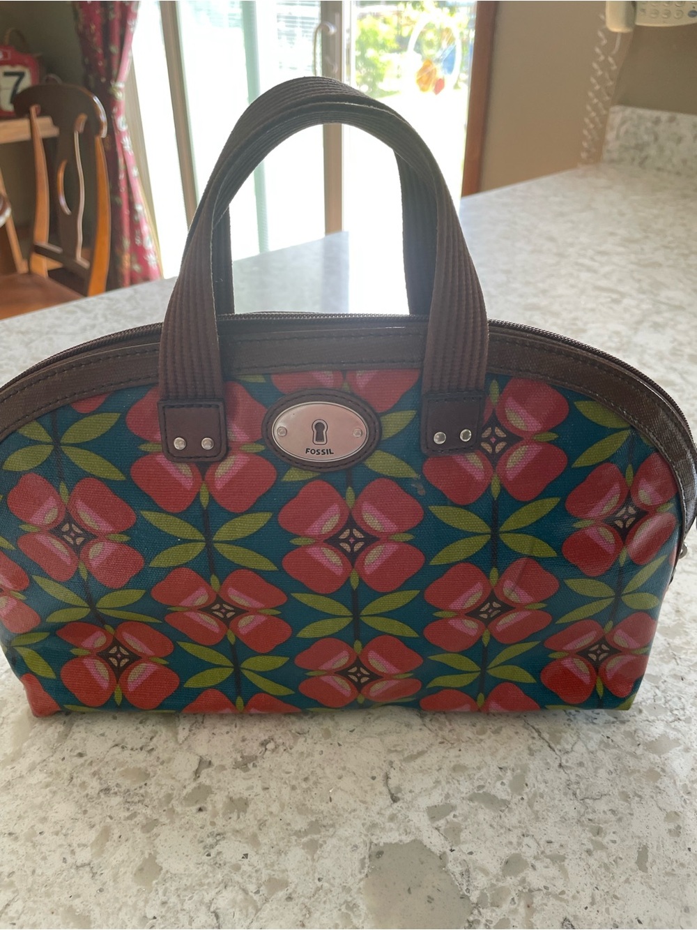 Fossil Teal Floral Dome Satchel with Pink & Green Accents